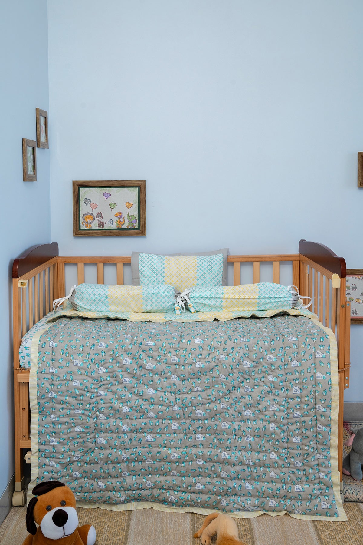 Blue Penguin Baby Bedding Cot Set