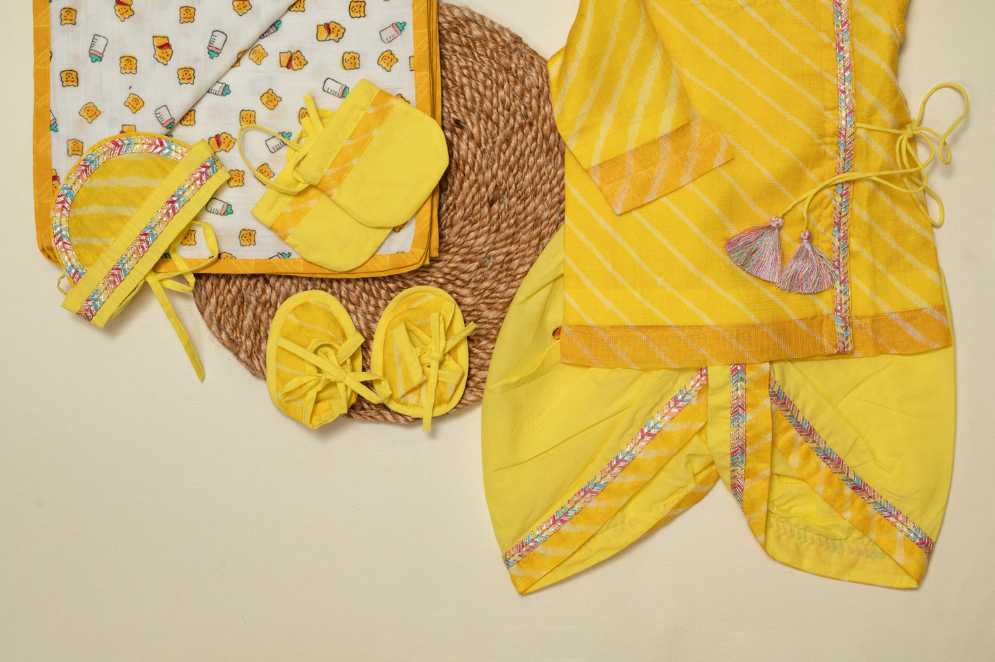 Newborn Yellow Leheriya Jamna Set for Boy