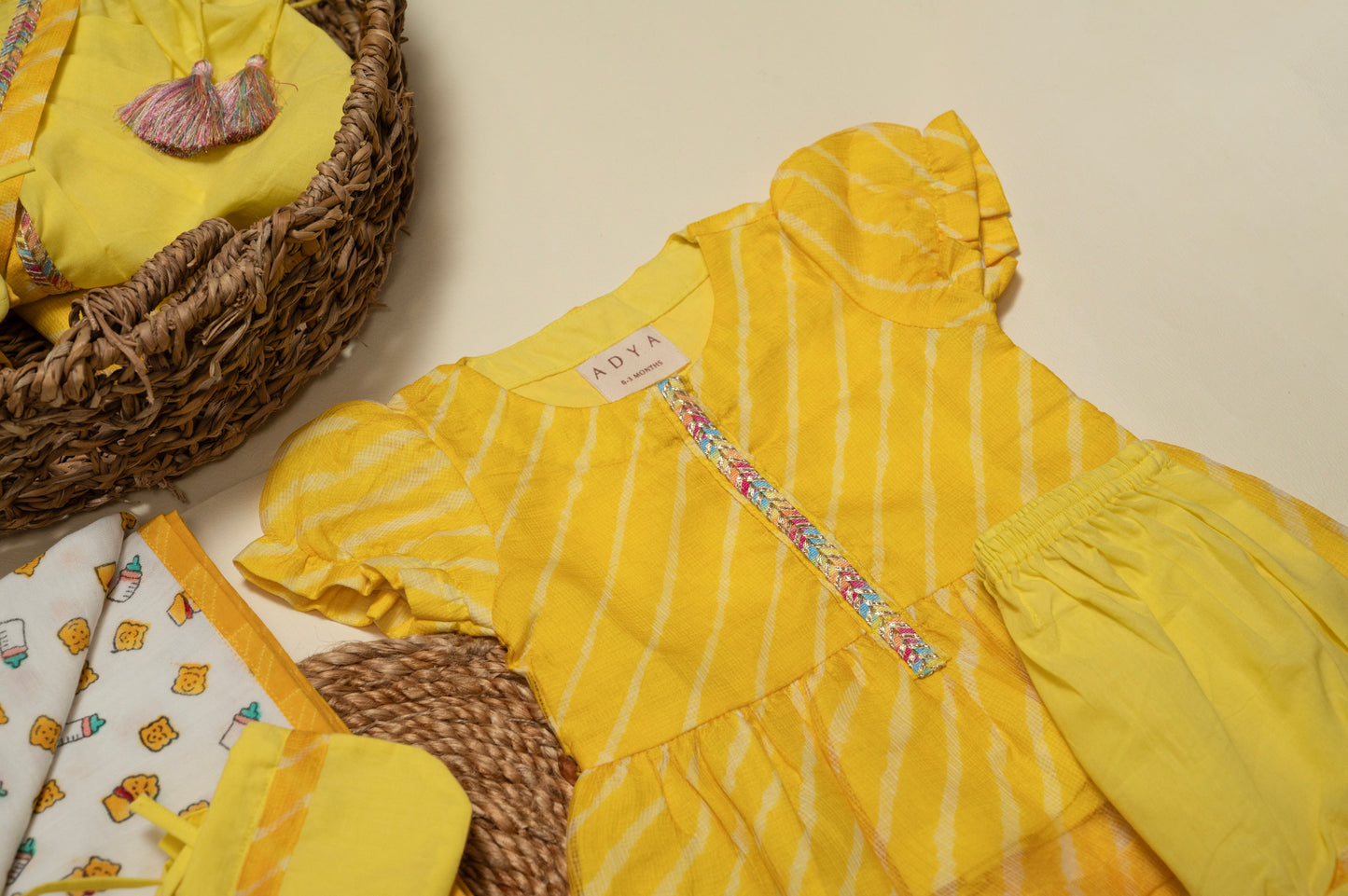 Newborn Yellow Leheriya Jamna Set for Girl
