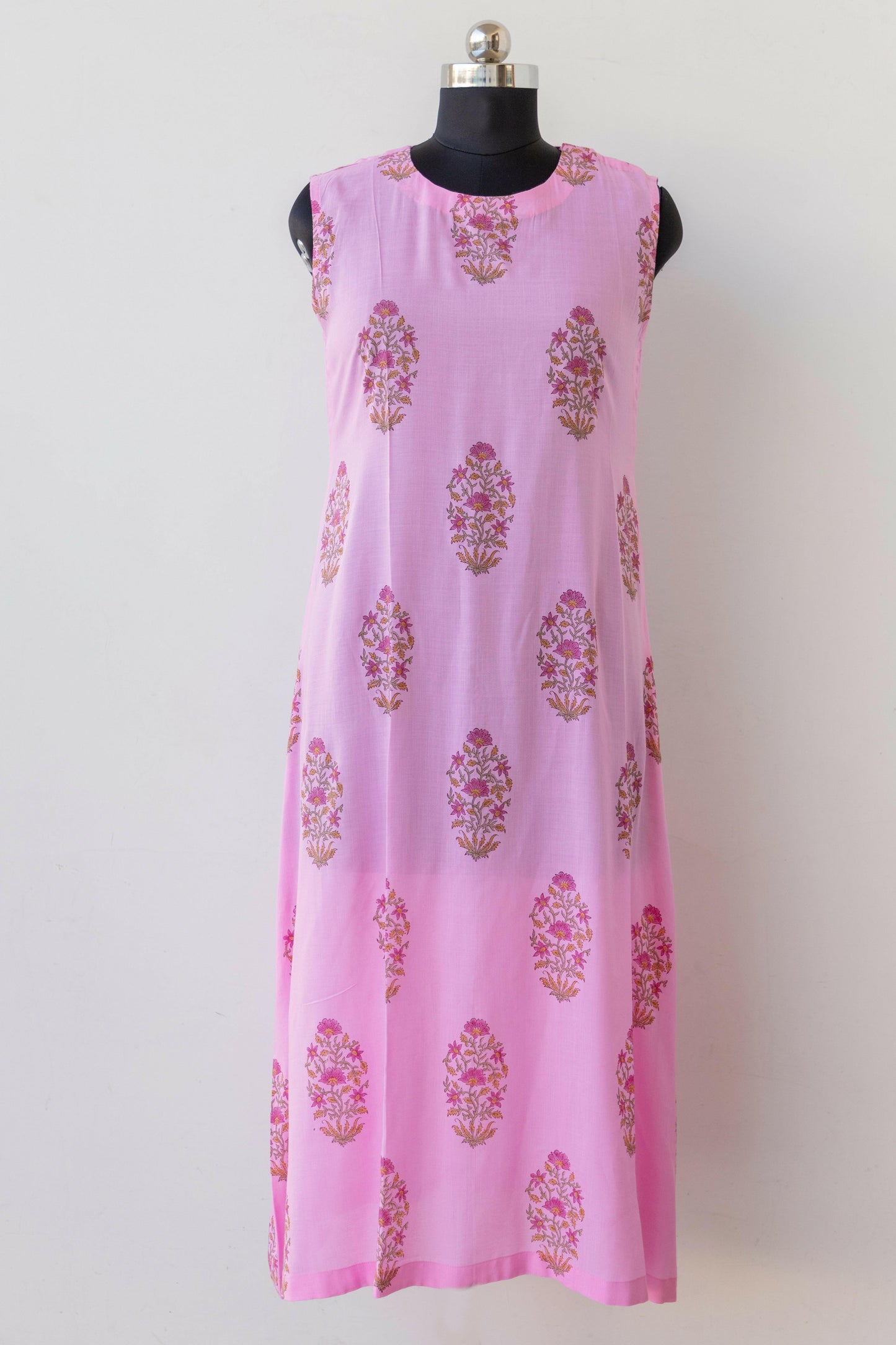 Pink Modal Satin Block Printed Kurta