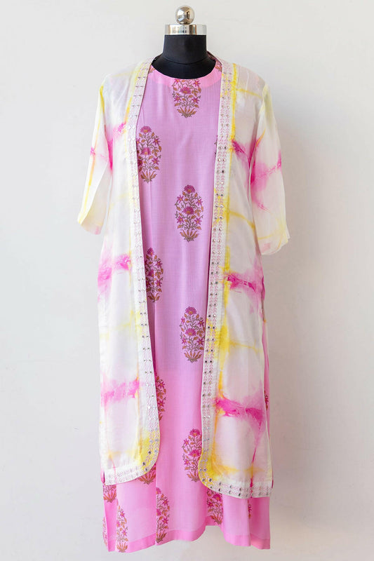 Pink Modal Satin Block Printed Kurta