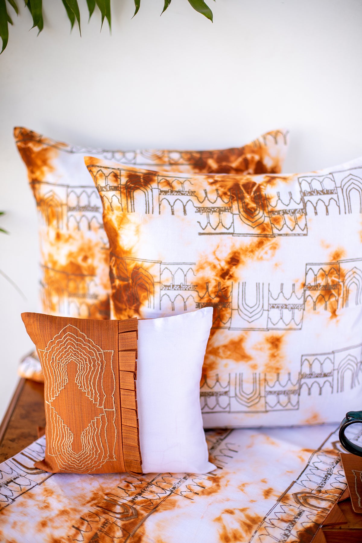 Copper & Gold Pinkcity Embroidered Cushion & Runner Set