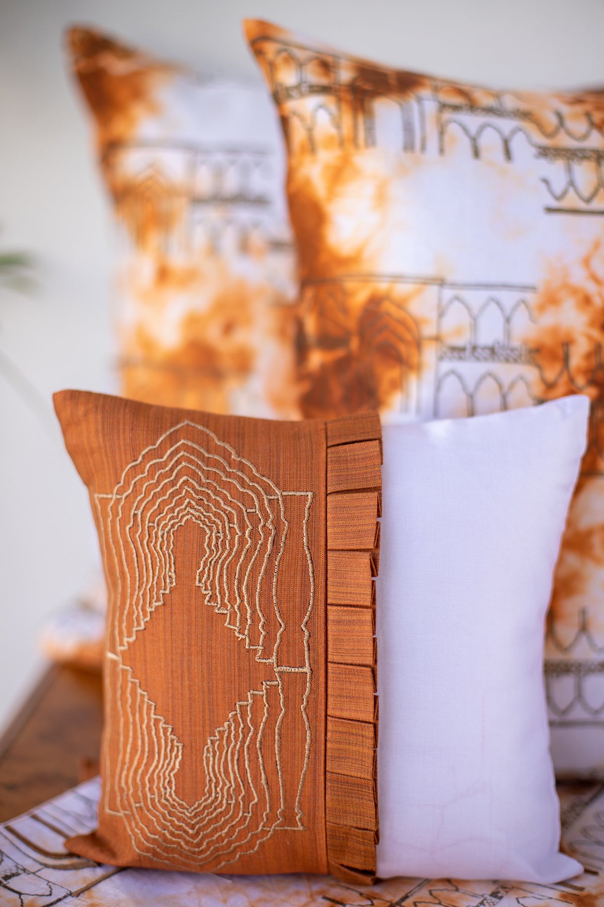 Copper & Gold Pinkcity Embroidered Cushion & Runner Set