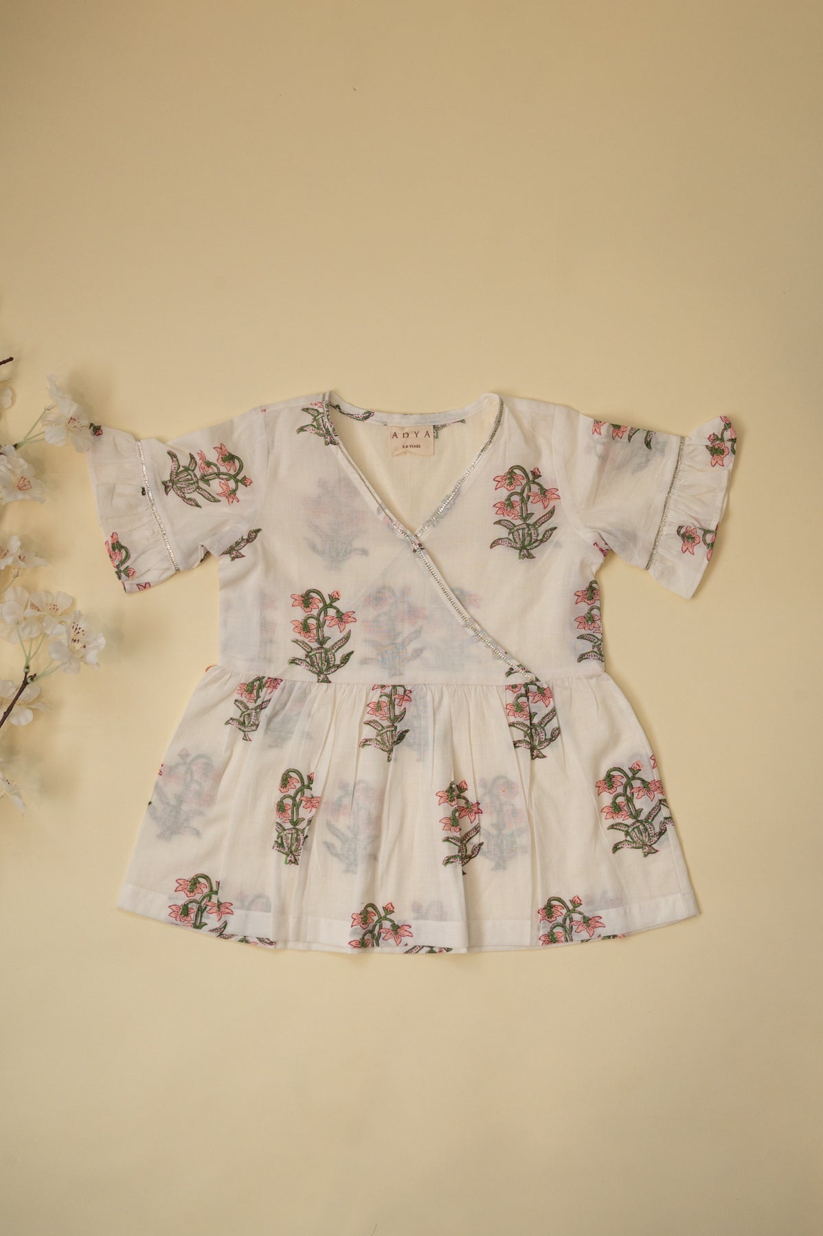 White & Peach Floral Angrakha & Sharara Set