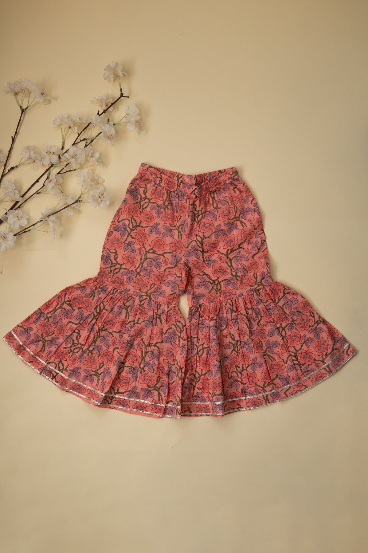 White & Peach Floral Angrakha & Sharara Set