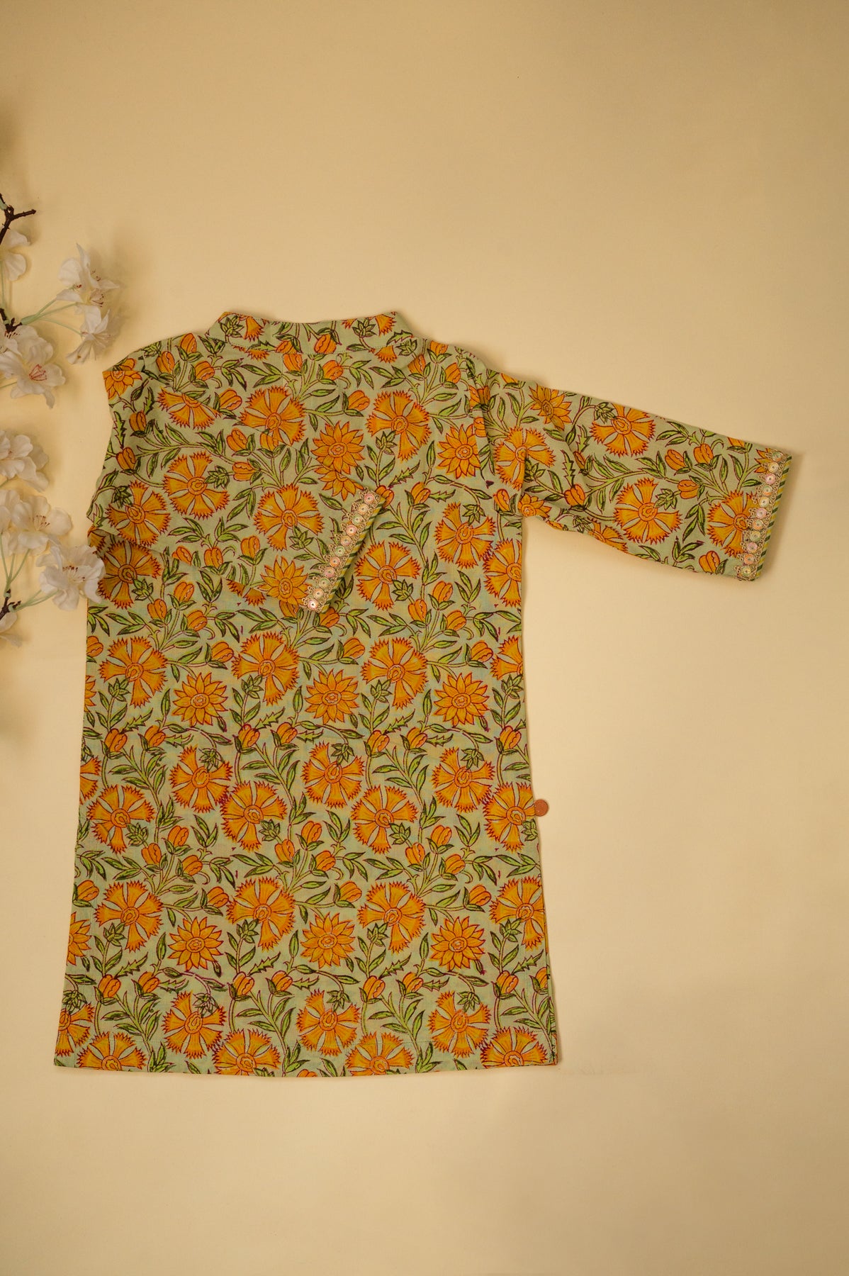 Green Floral Block Print Boys Kurta