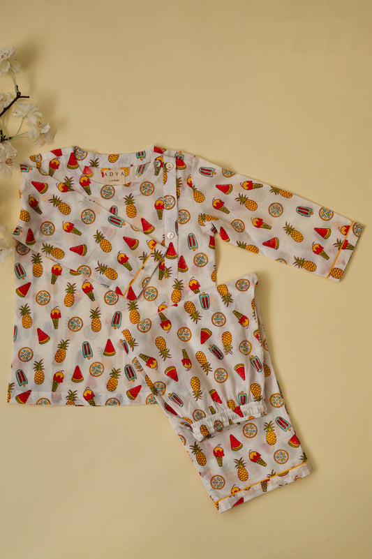 White Candy Pineapple Kids Night Suits