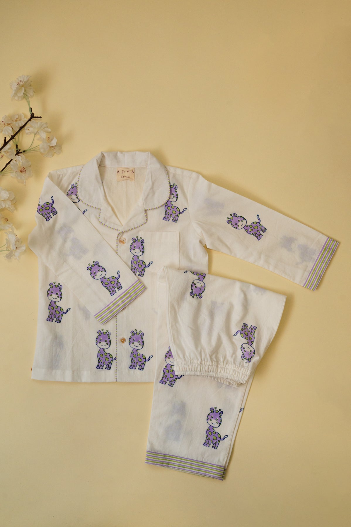 White & Lilac Giraffe Kids Night Suit