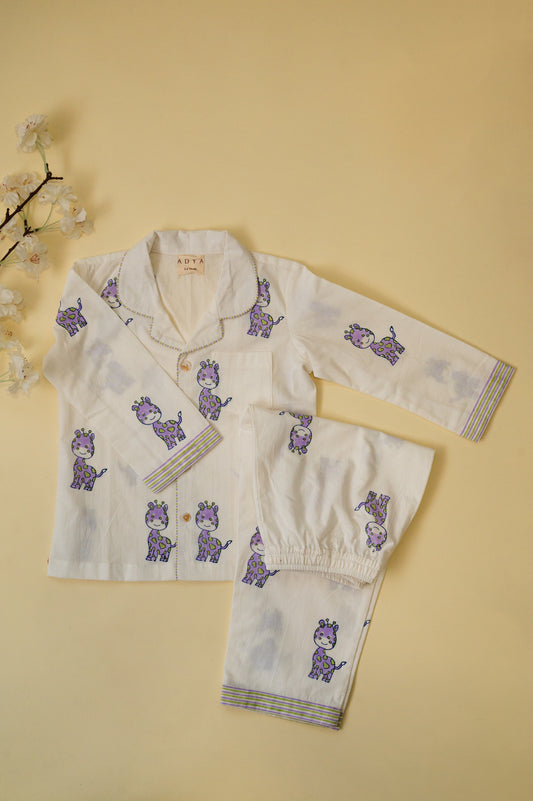 White & Lilac Giraffe Kids Night Suit