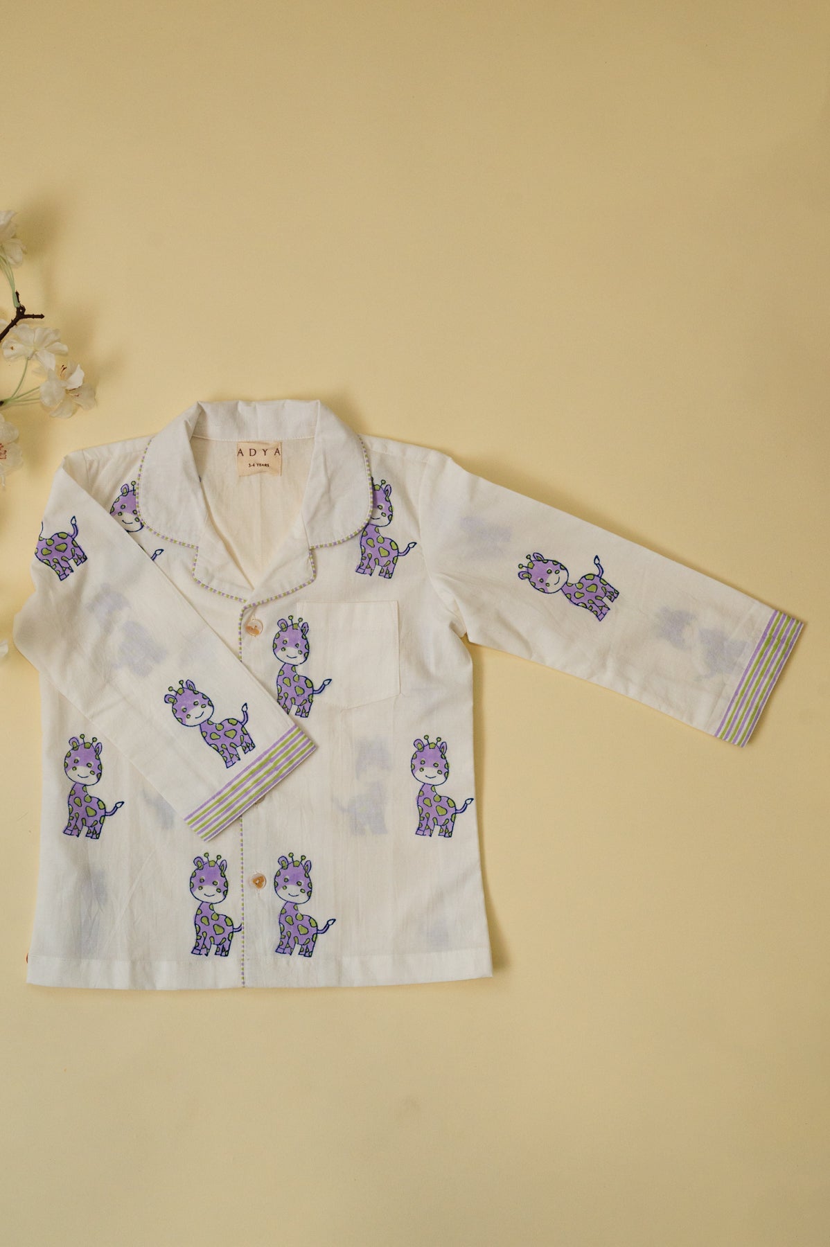 White & Lilac Giraffe Kids Night Suit