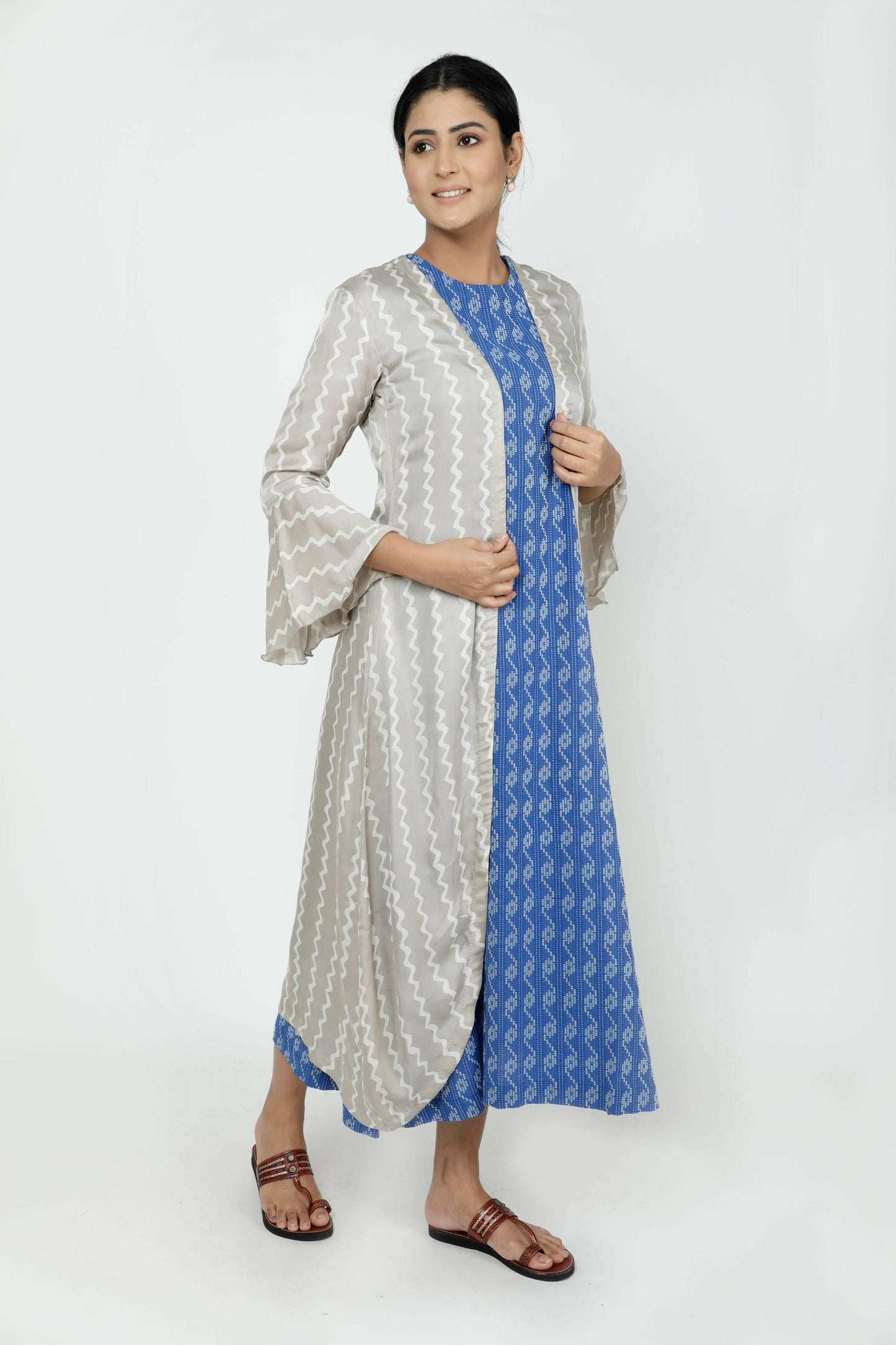 Blue Kantha Kurta With Embroidered Jacket