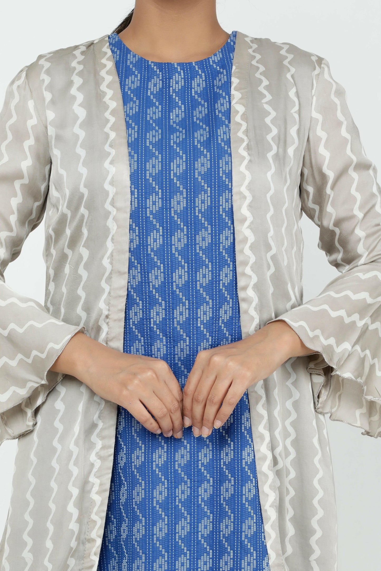 Blue Kantha Kurta With Embroidered Jacket