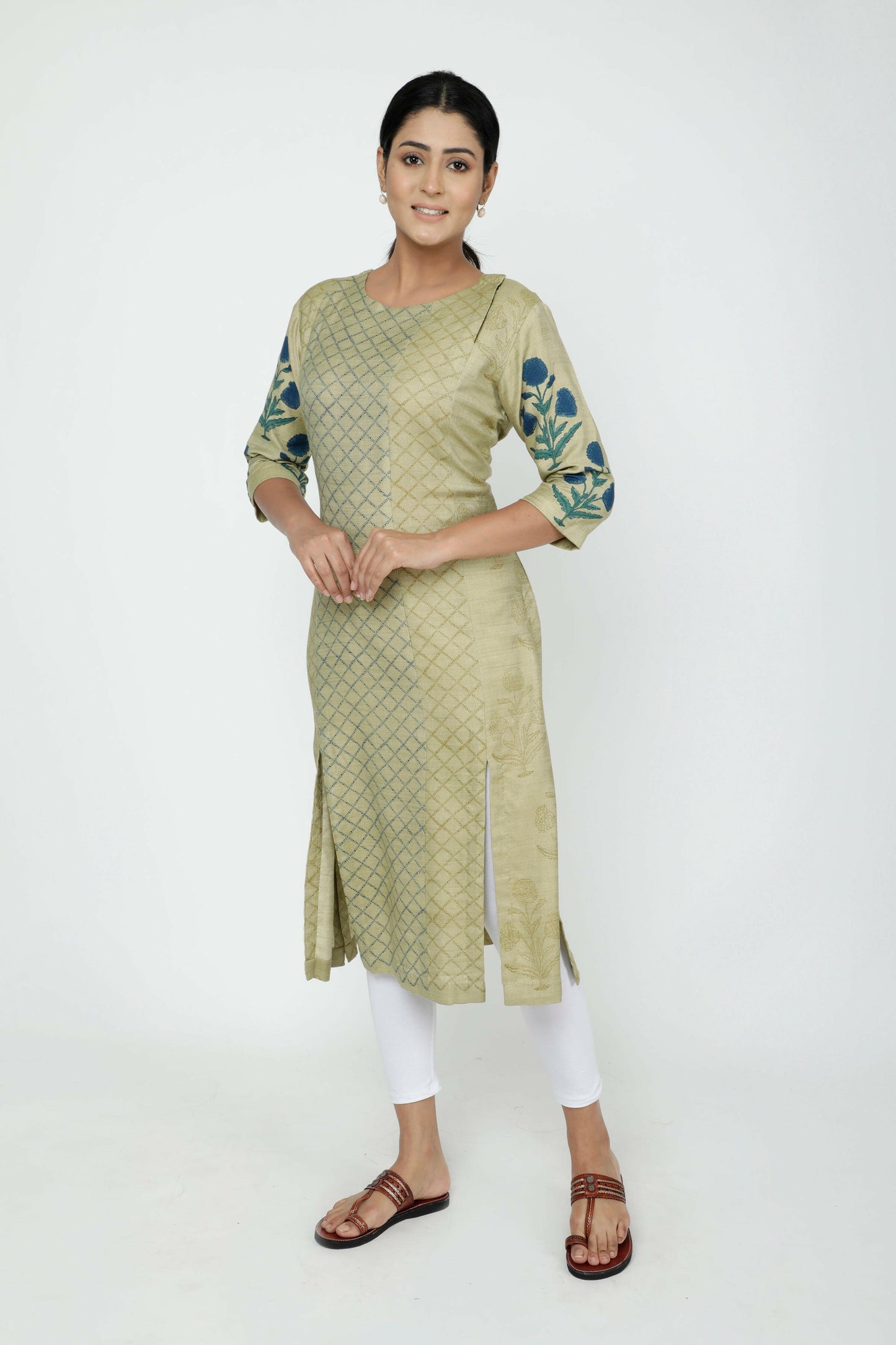 Frosted Almond Hand Block Printed Woolen Kurta