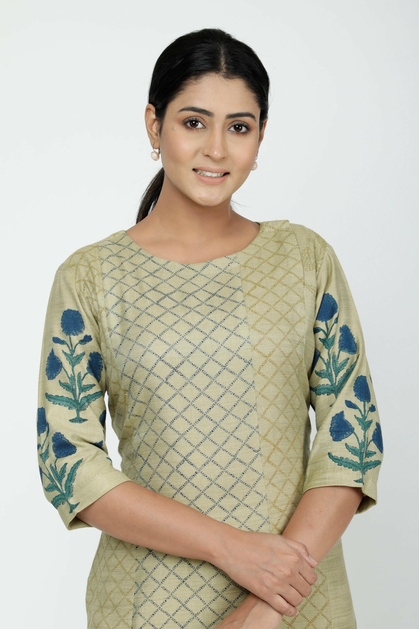 Frosted Almond Hand Block Printed Woolen Kurta