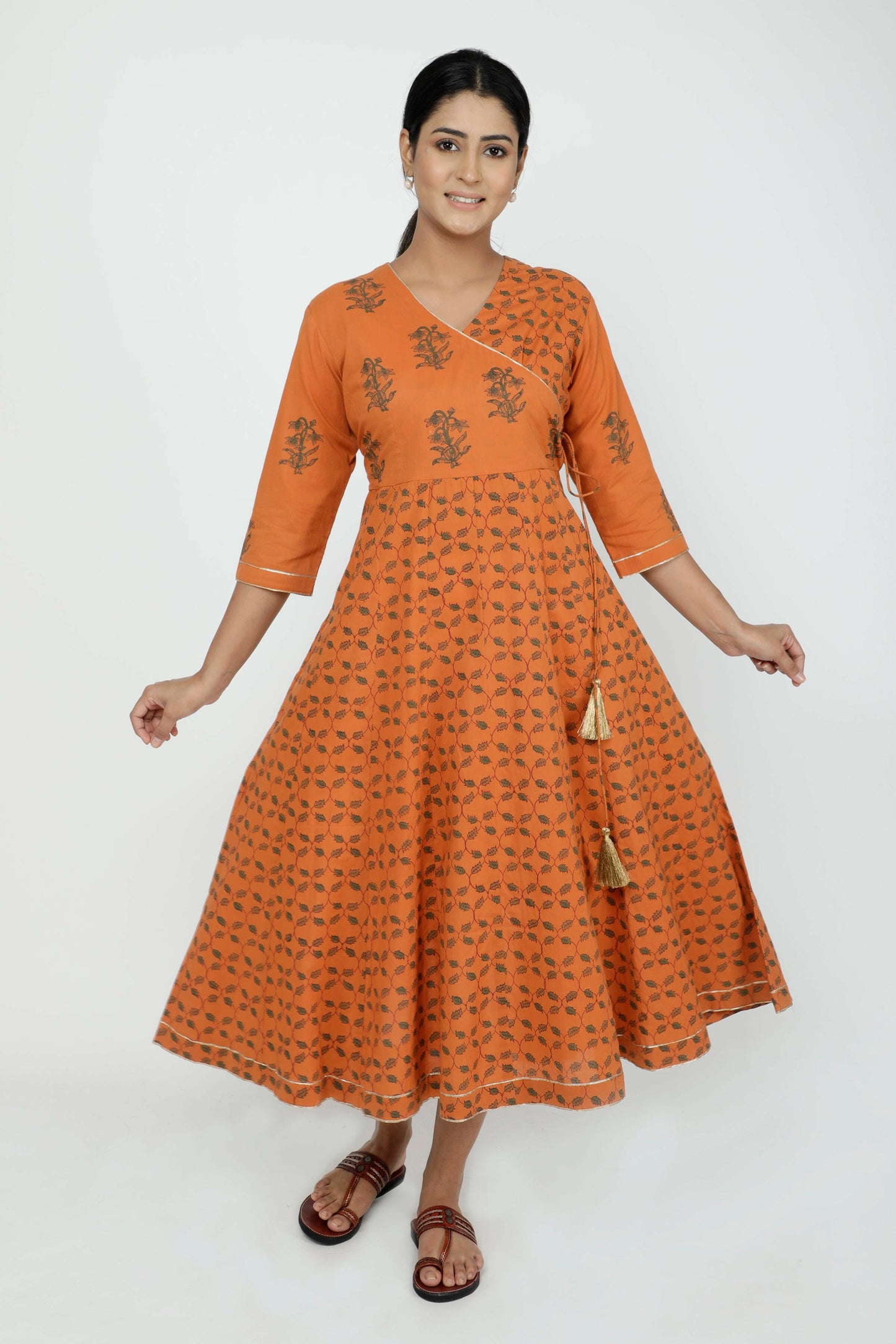 Orange Cotton Printed Anarkali Angrakha Kurta