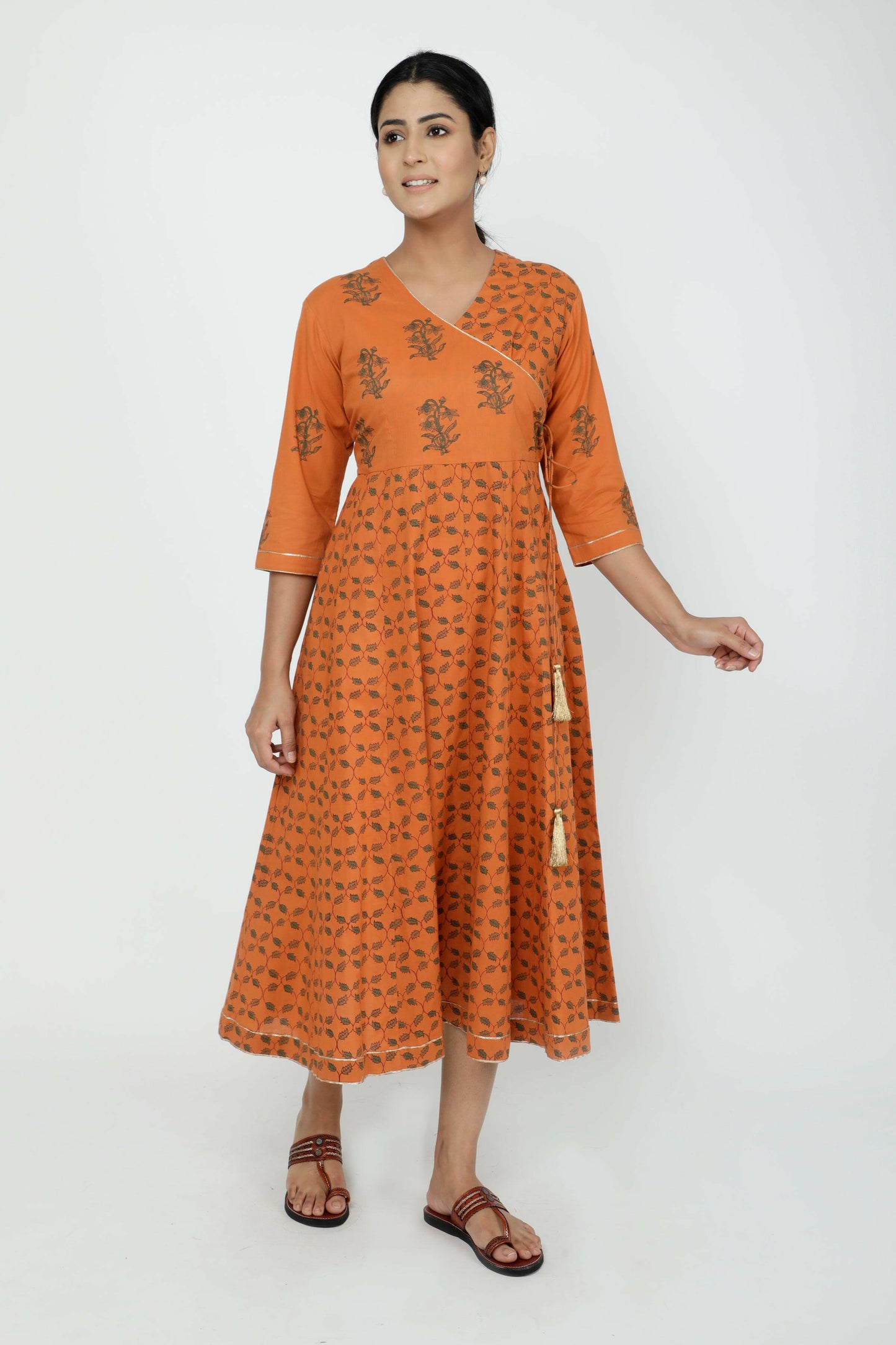 Orange Cotton Printed Anarkali Angrakha Kurta