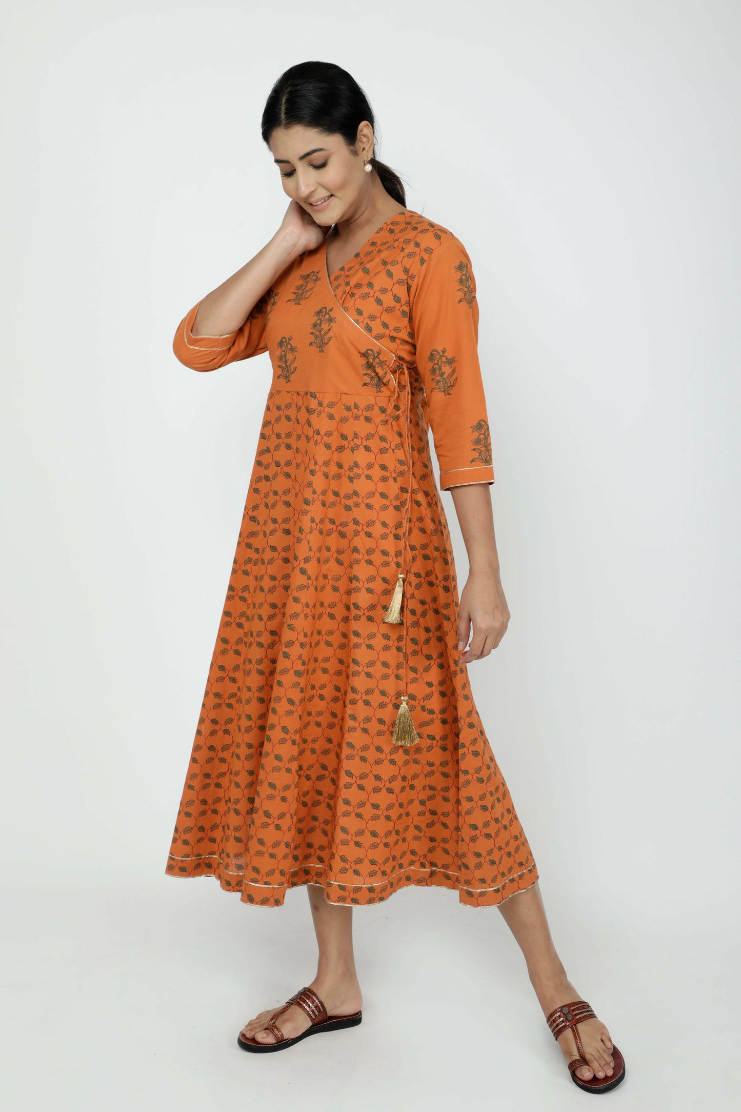 Orange Cotton Printed Anarkali Angrakha Kurta