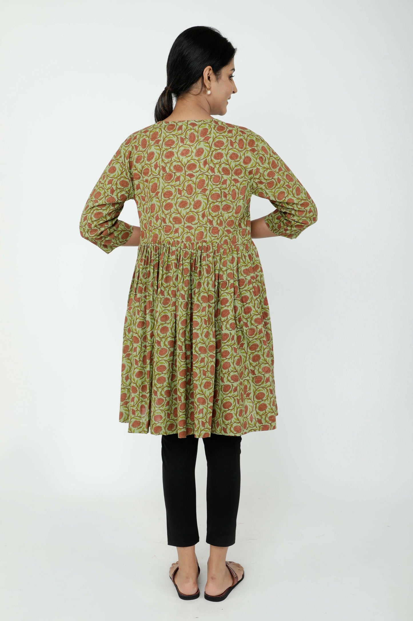 Green Cotton Printed Angrakha Short Kurti