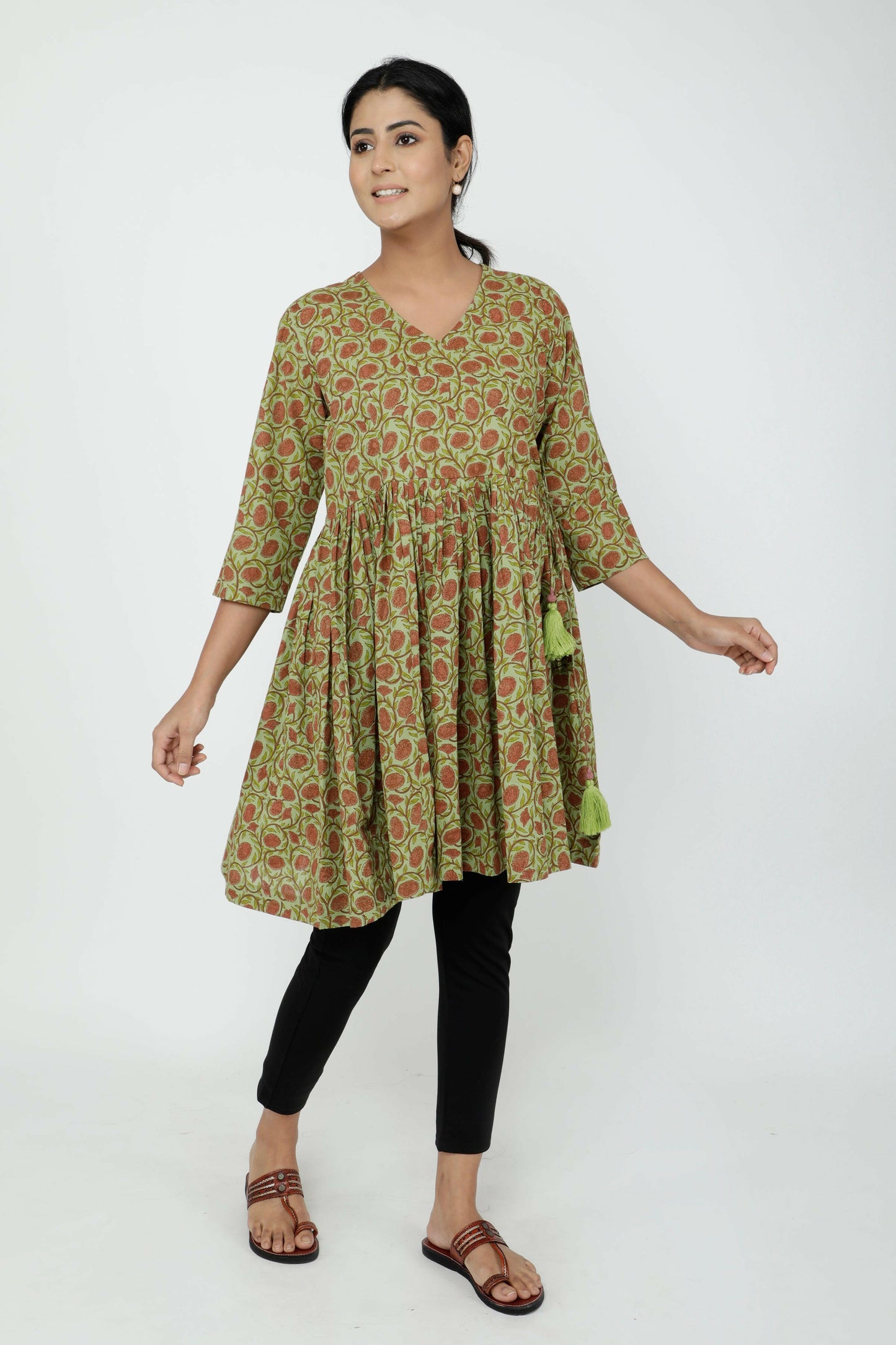 Green Cotton Printed Angrakha Short Kurti