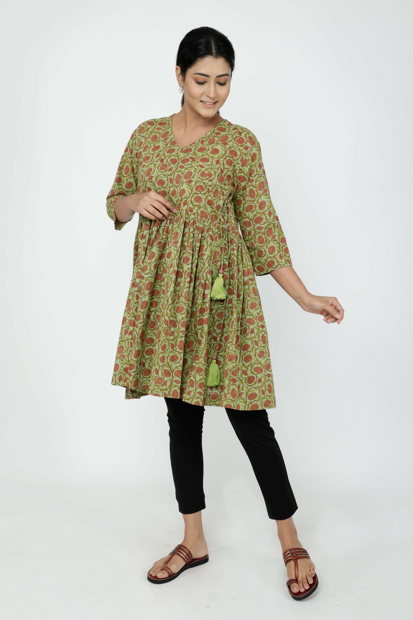 Green Cotton Printed Angrakha Short Kurti