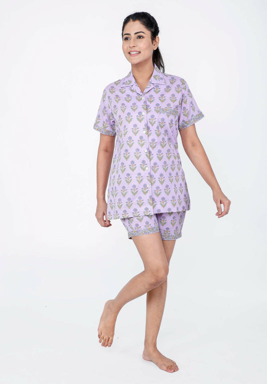 Purple Posy Women's Block Printed Night Suit