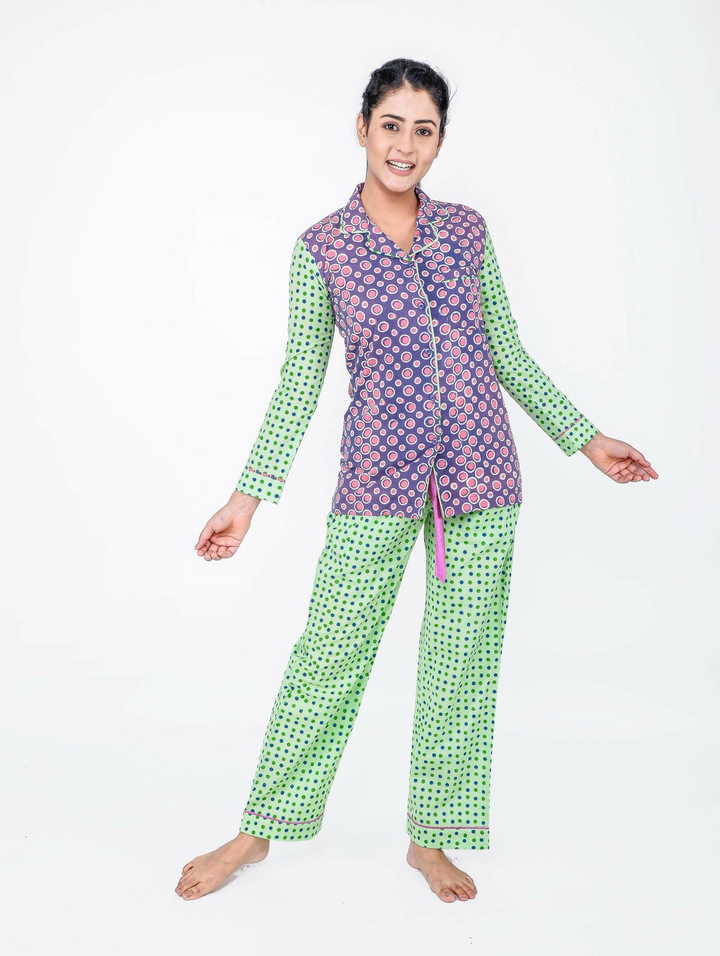 Apple Green Women's Block Printed Night Suit