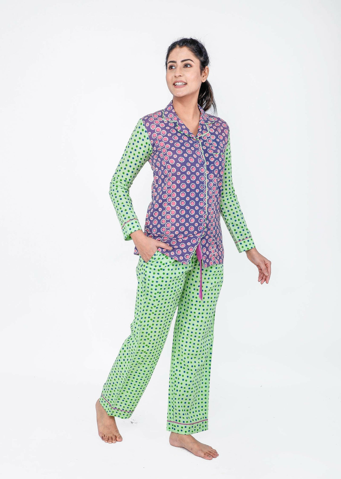 Apple Green Women's Block Printed Night Suit
