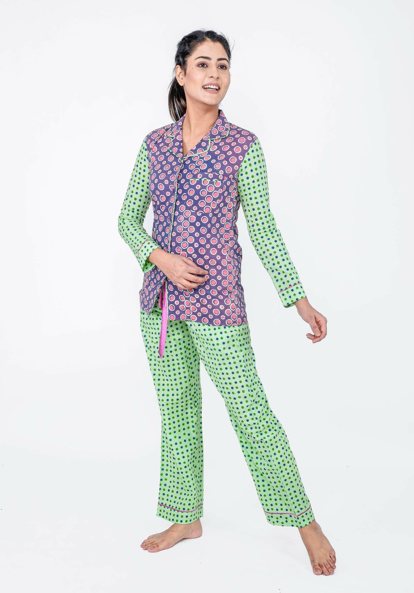 Apple Green Women's Block Printed Night Suit