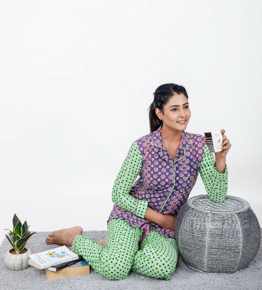 Apple Green Women's Block Printed Night Suit