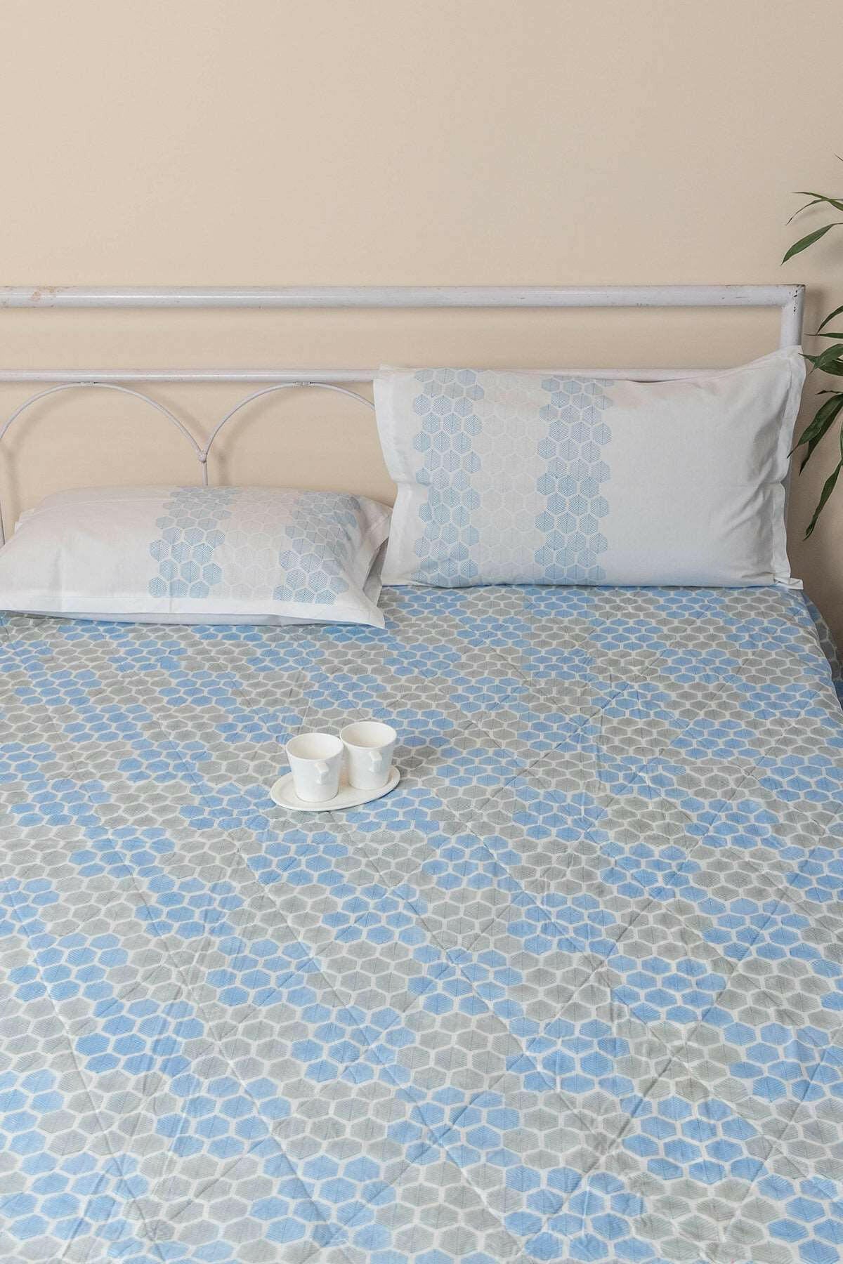 Blue & Grey Honeycomb Quilted Bedcover