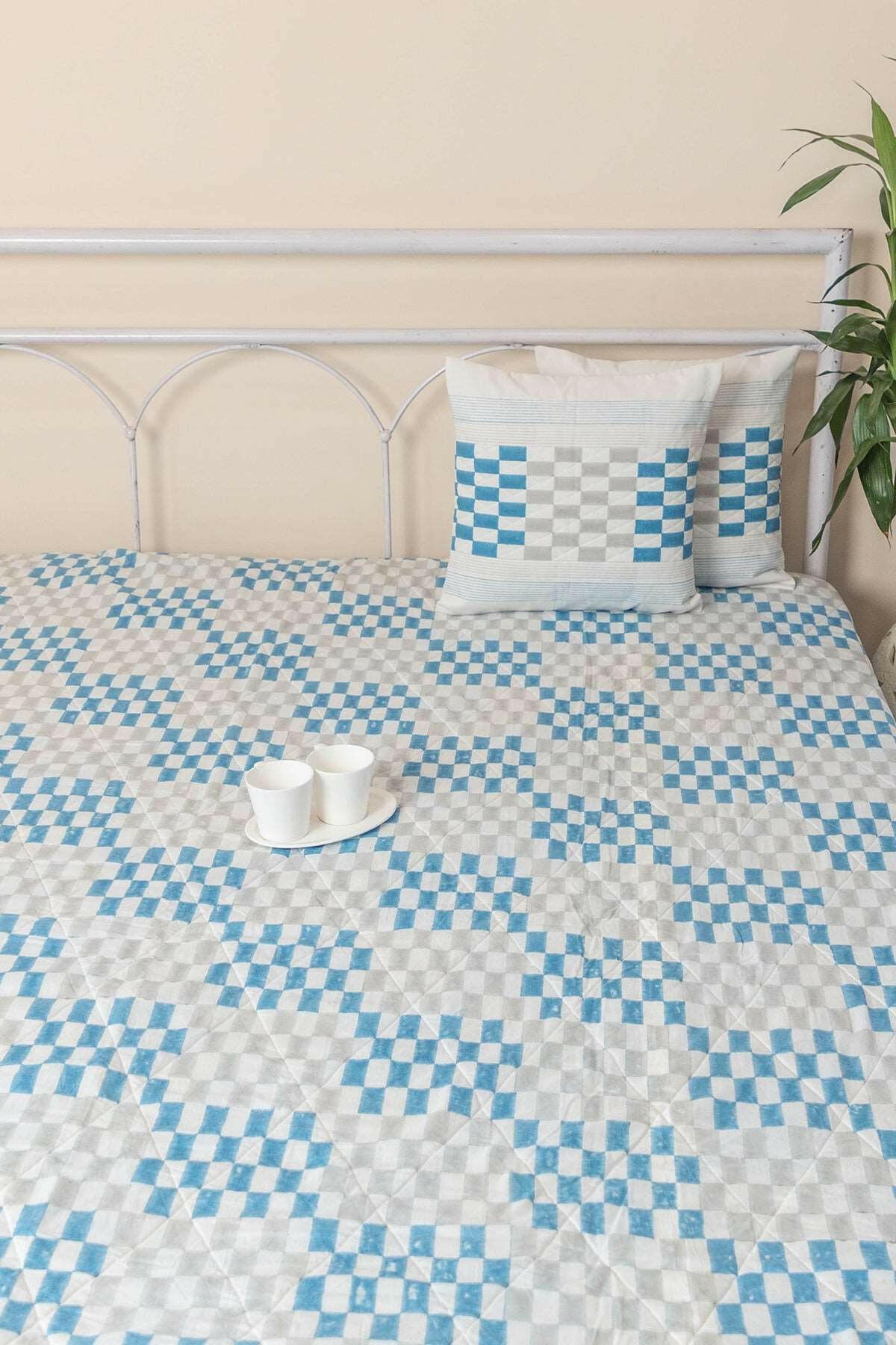 Blue & Grey Honeycomb Quilted Bedcover