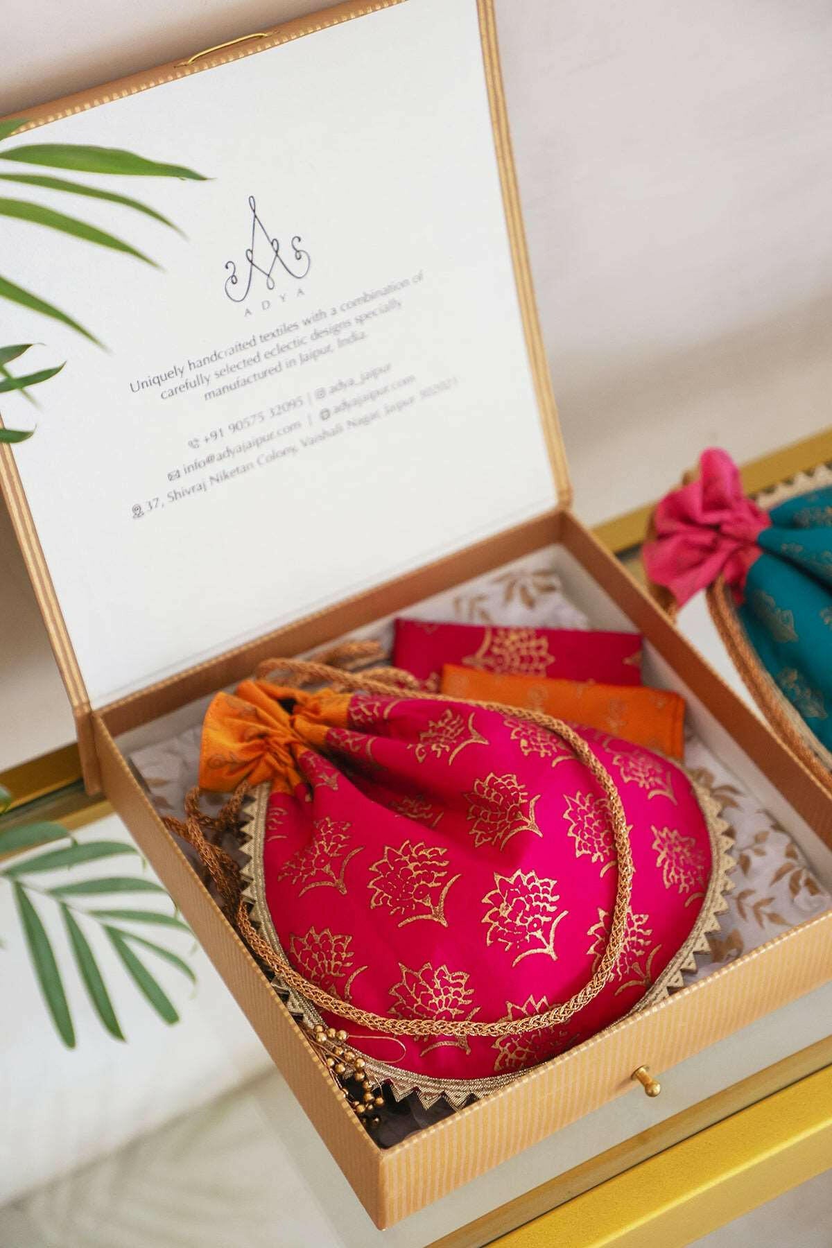 Block Printed Silk Potli Bag & Pocket Square Set