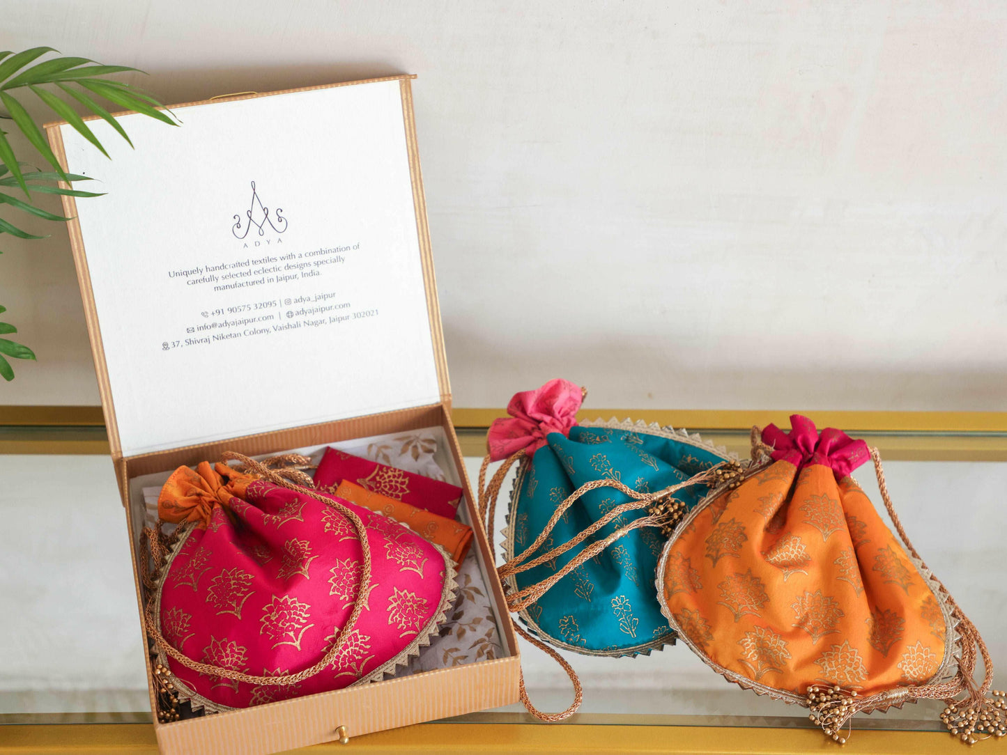 Block Printed Silk Potli Bag & Pocket Square Set