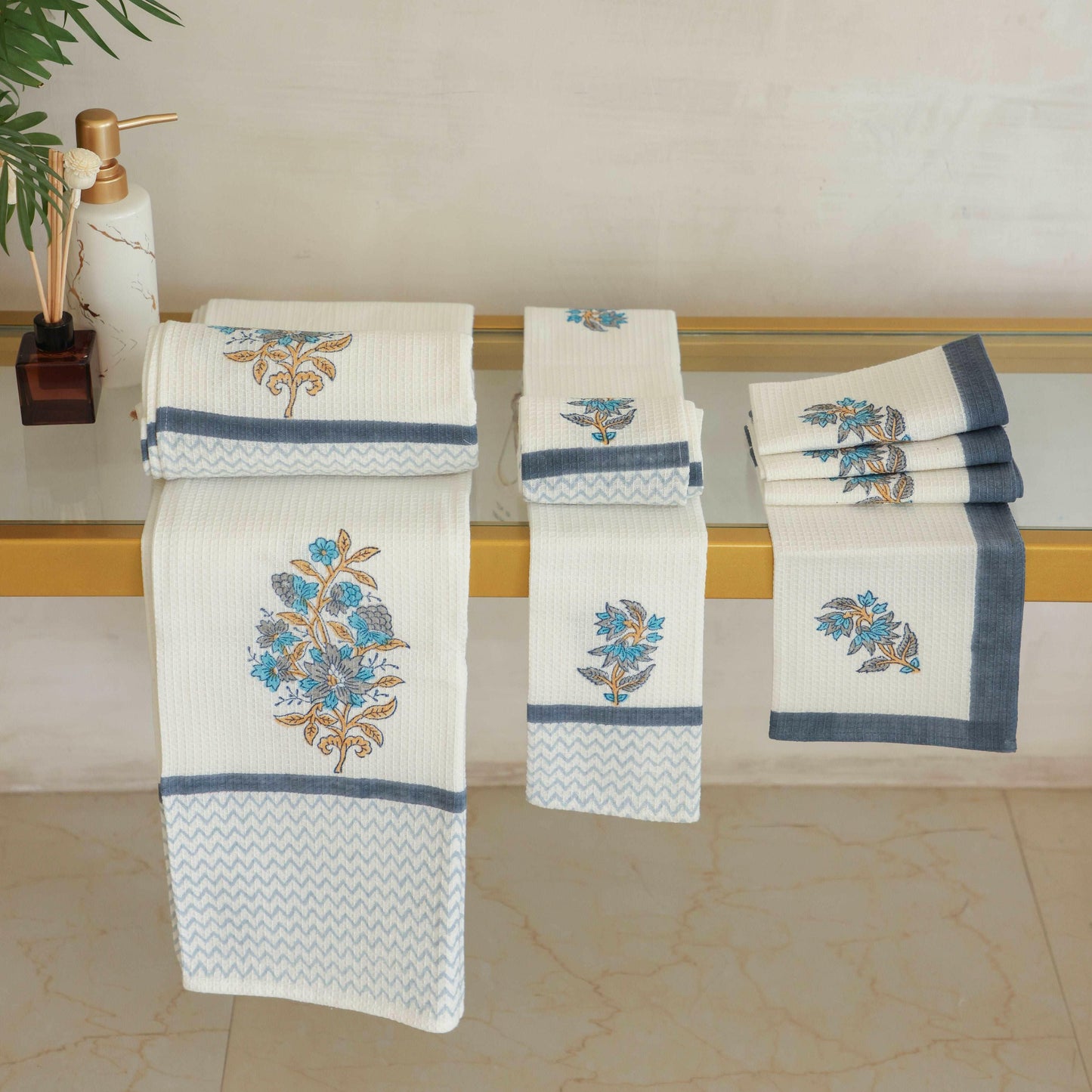 Blue Floral Honeycomb Towel Set