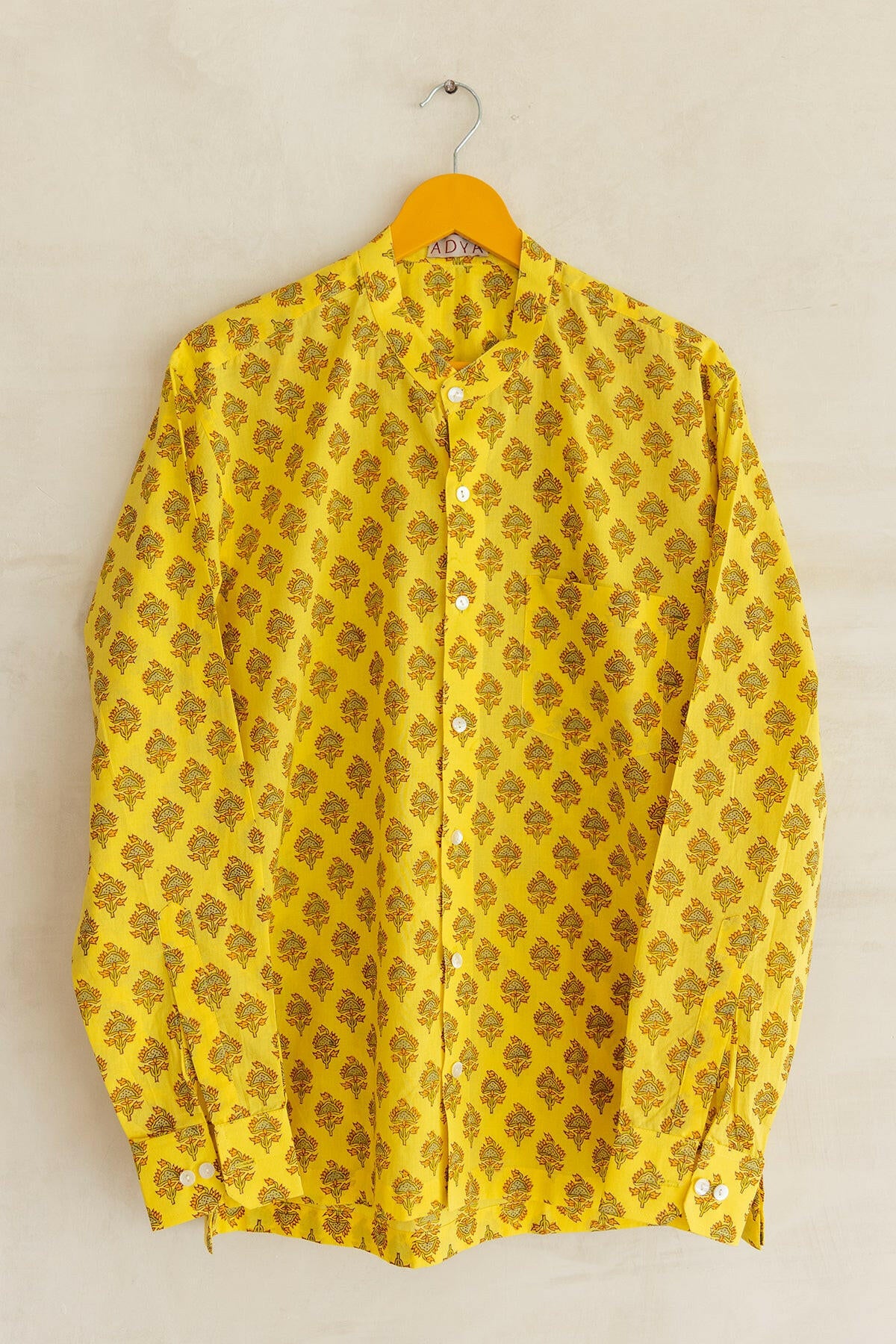 Yellow Cotton Hand Block Printed Men's Shirt