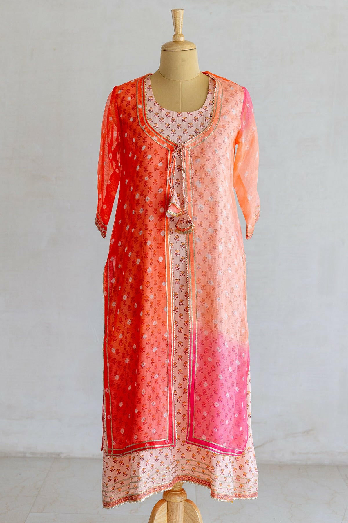 Orange & Peach Ombre Kota Silk Kurta