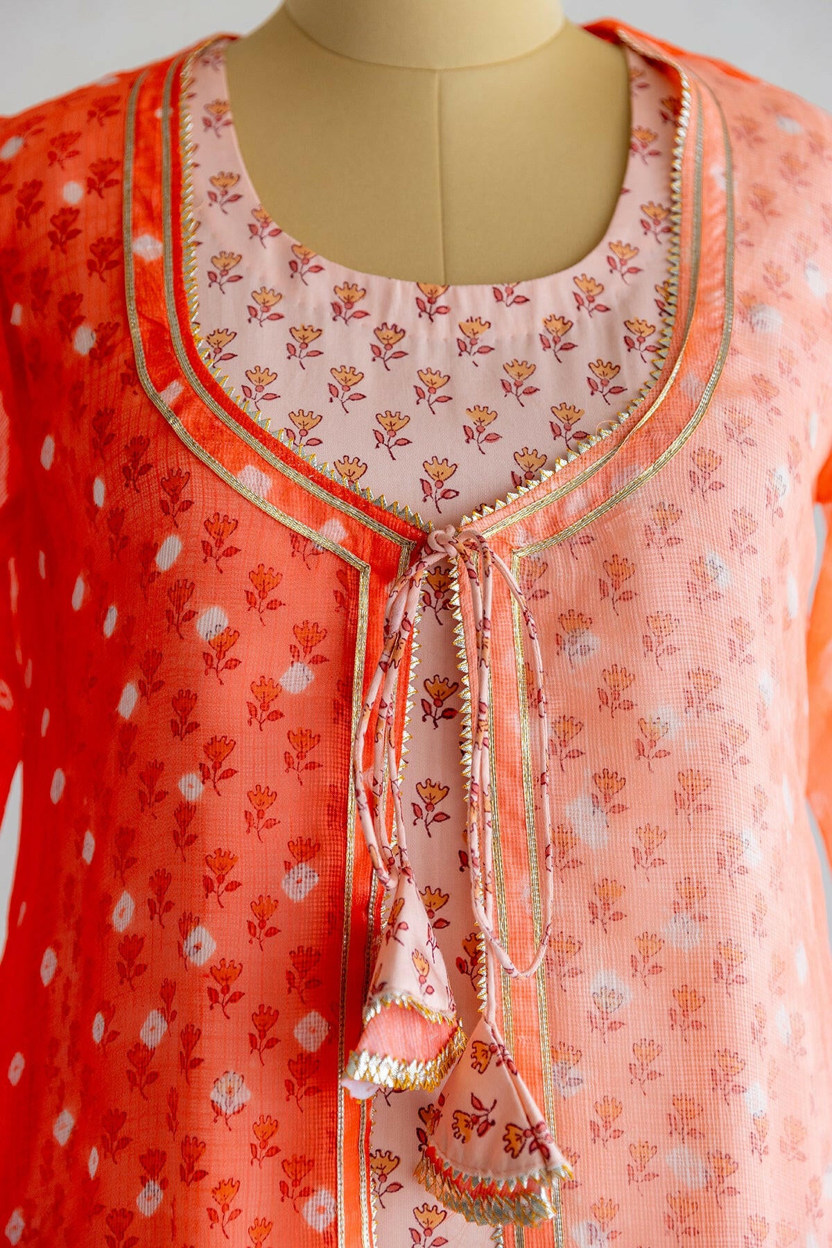 Orange & Peach Ombre Kota Silk Kurta
