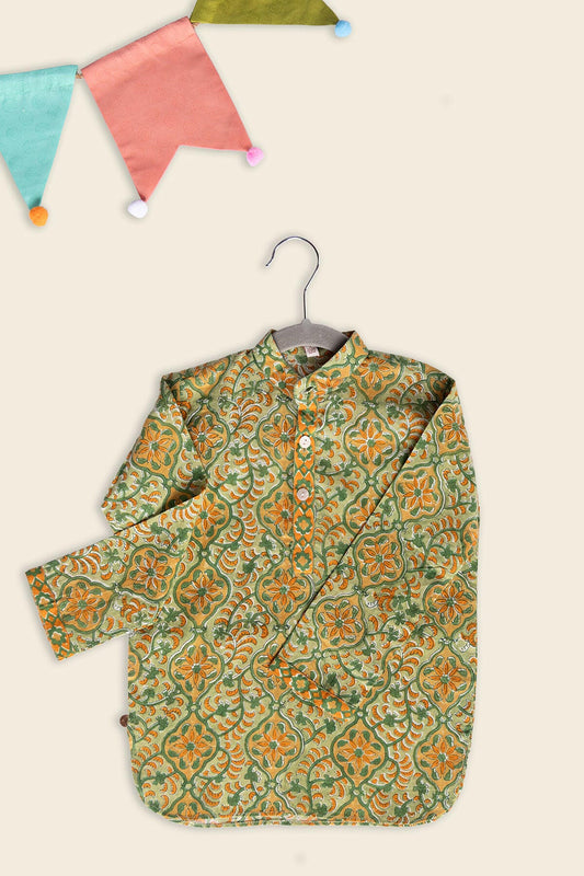 Olive Green Floral Kids Kurta