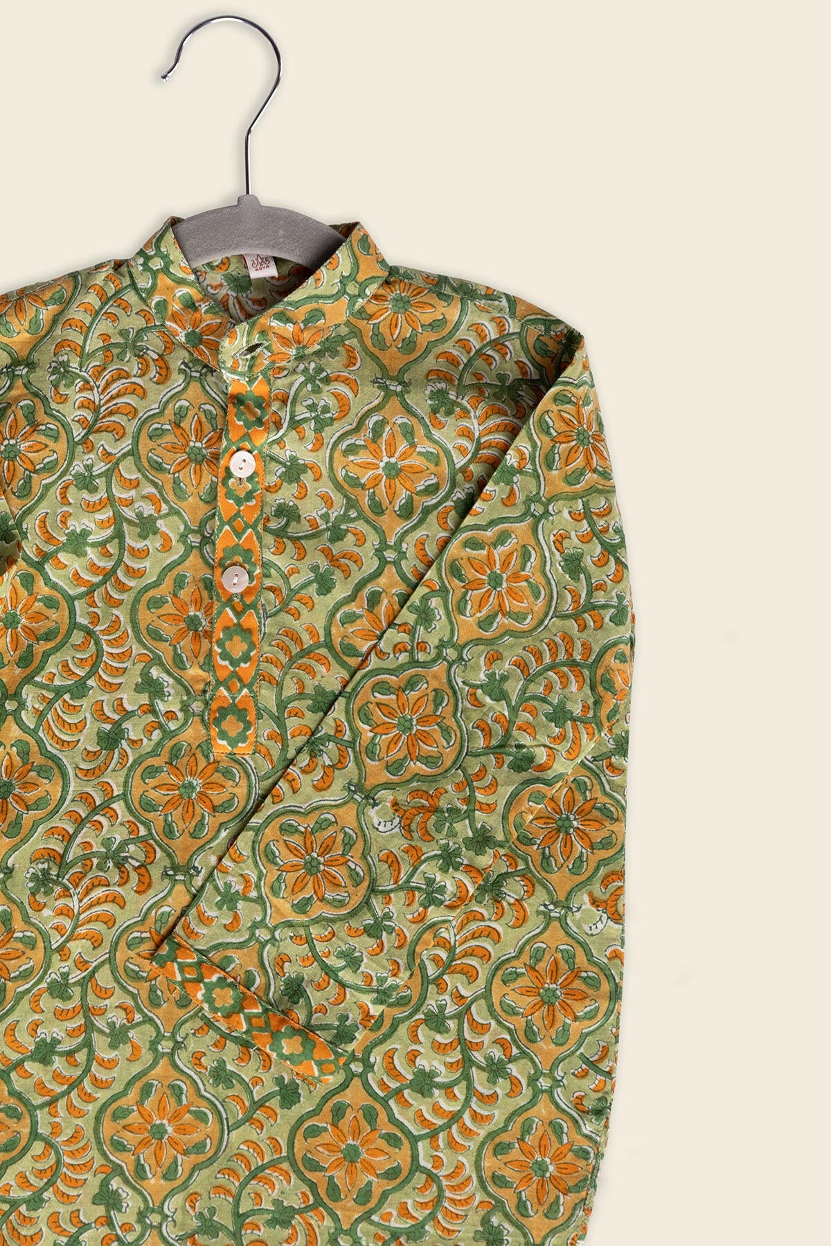 Olive Green Floral Kids Kurta