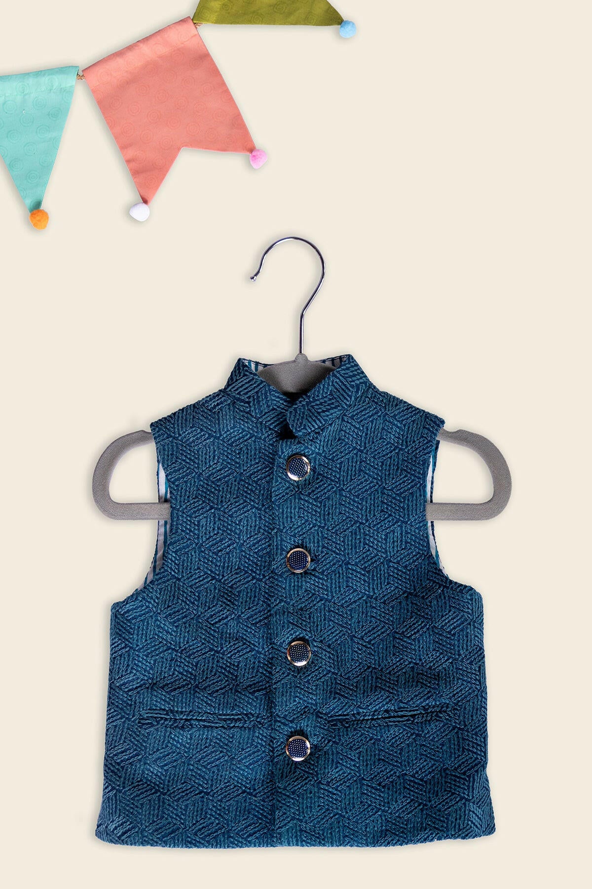 Teal Blue Embroidered Kurta Jacket Set