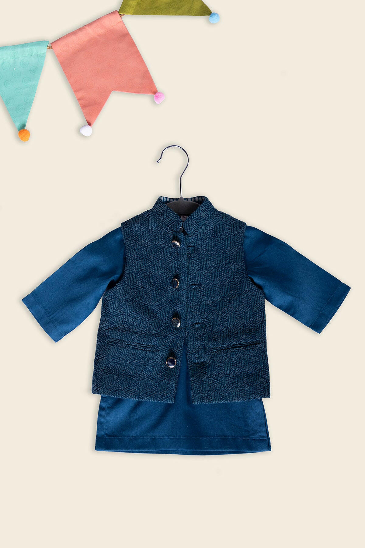 Teal Blue Embroidered Kurta Jacket Set