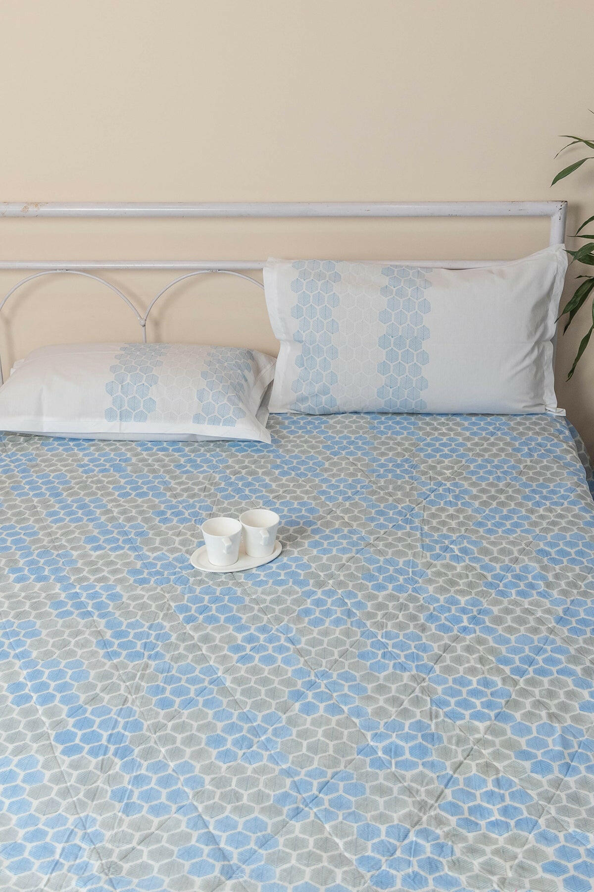 Blue & Grey Honeycomb Quilted Bedcover