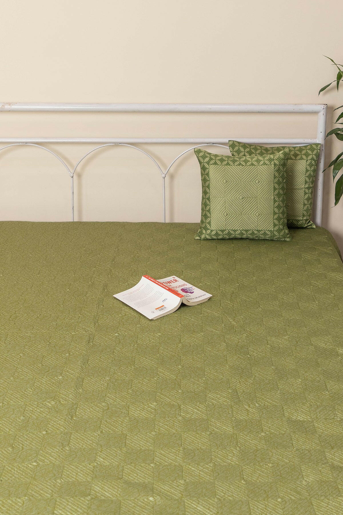 Olive Green Chequered Quilted Bedcover