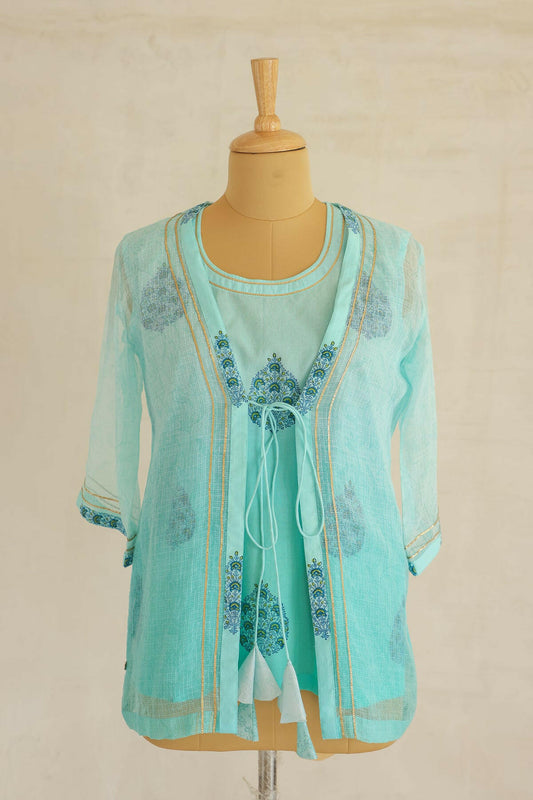 Blue Hand Block Printed Ombre Kurti