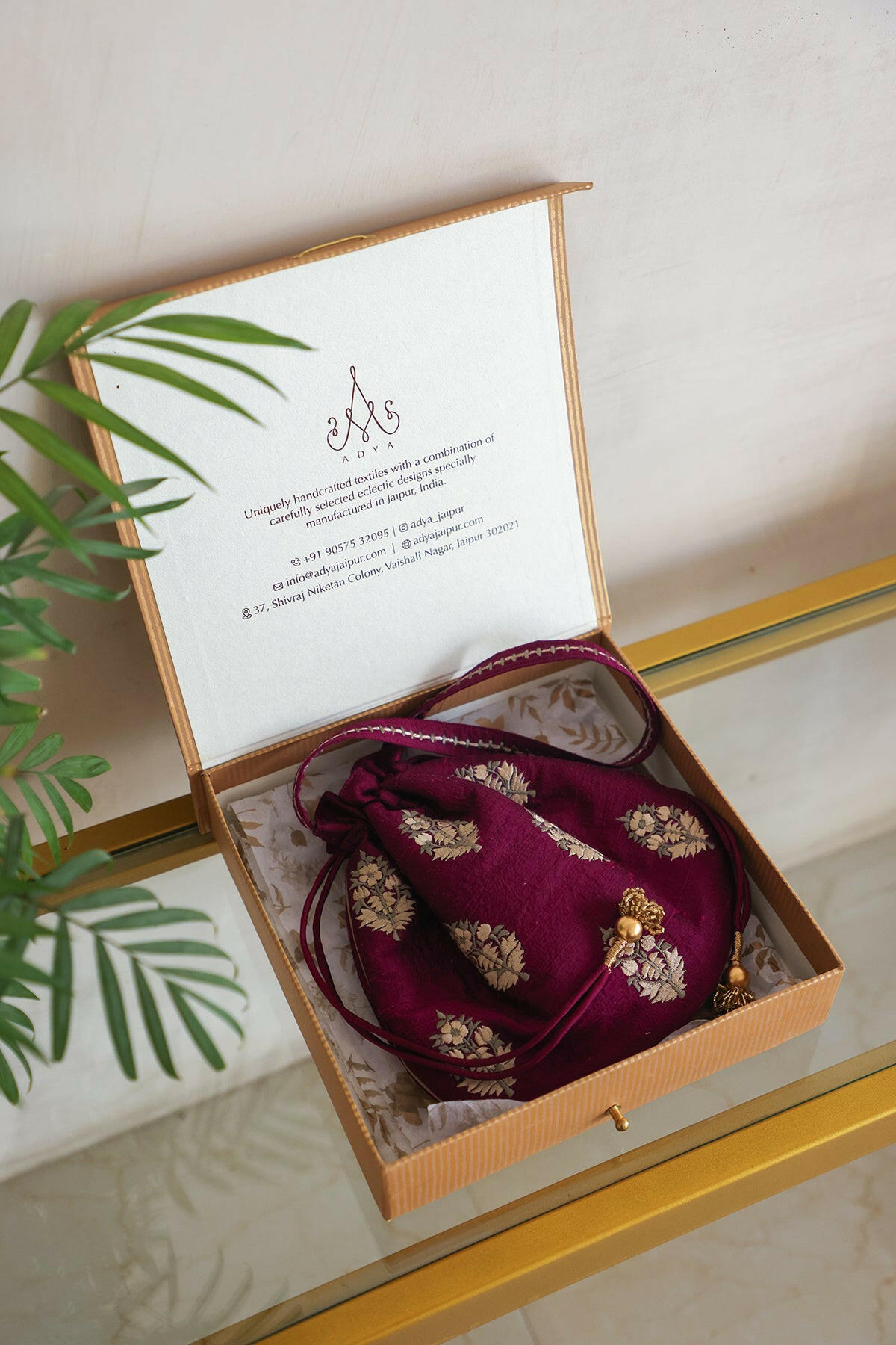 Wine Parsi Embroidery Potli Bag