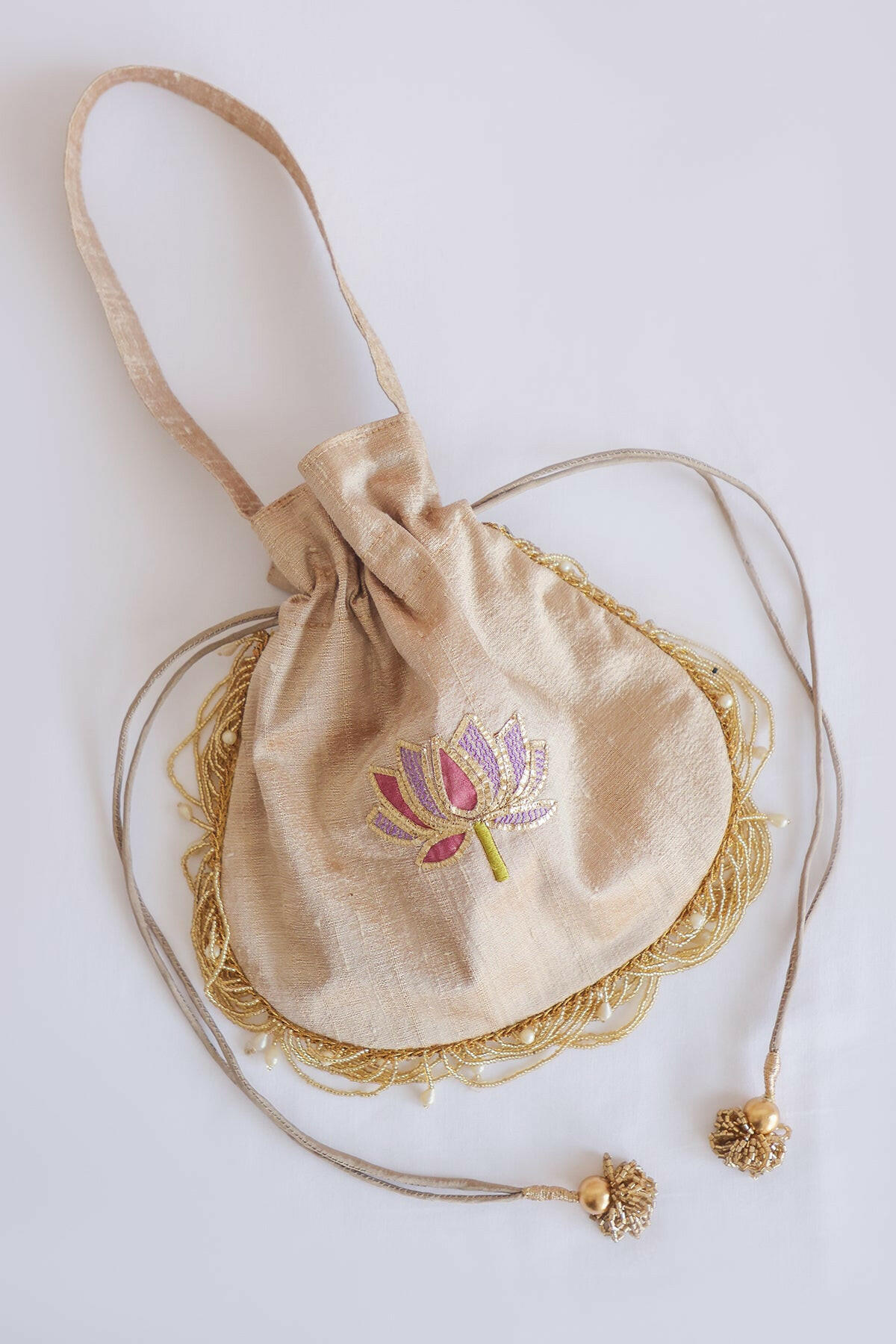 Lotus Raw Silk Potli Bag