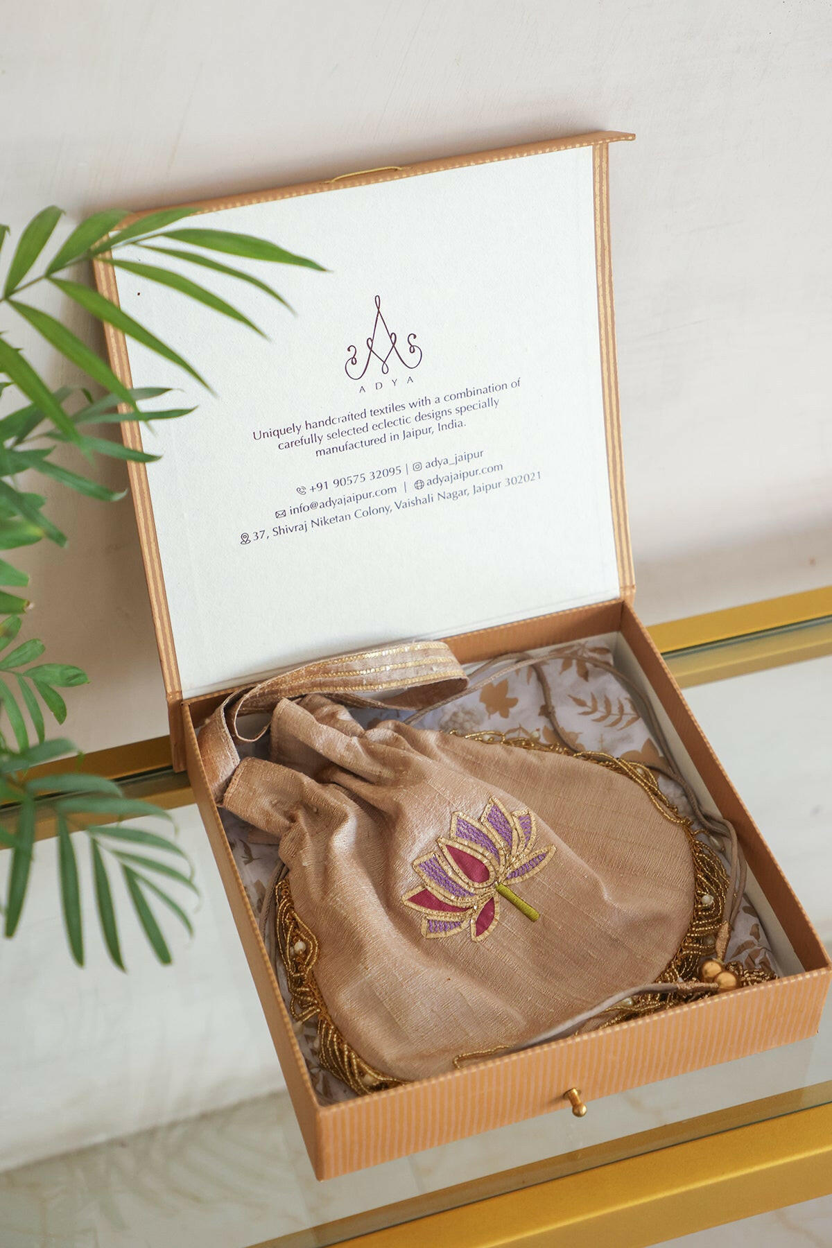 Lotus Raw Silk Potli Bag
