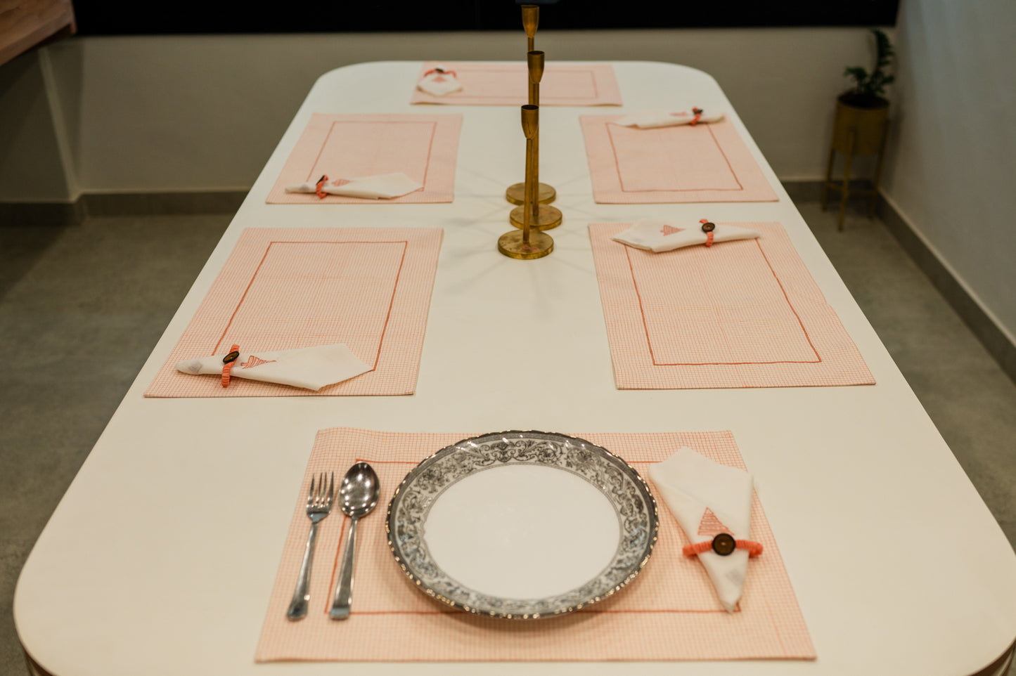 Peach Chequered Festive Table Mat Set