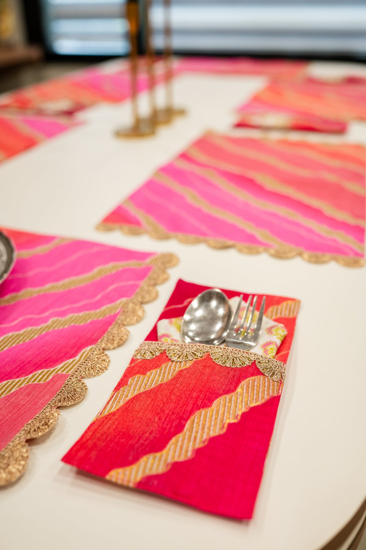 Pink Leheriya Festive Table Mat Set