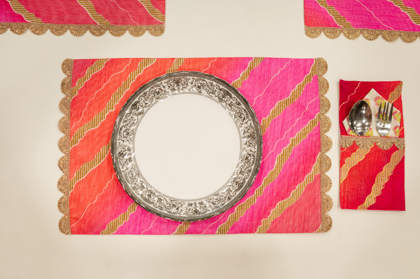 Pink Leheriya Festive Table Mat Set